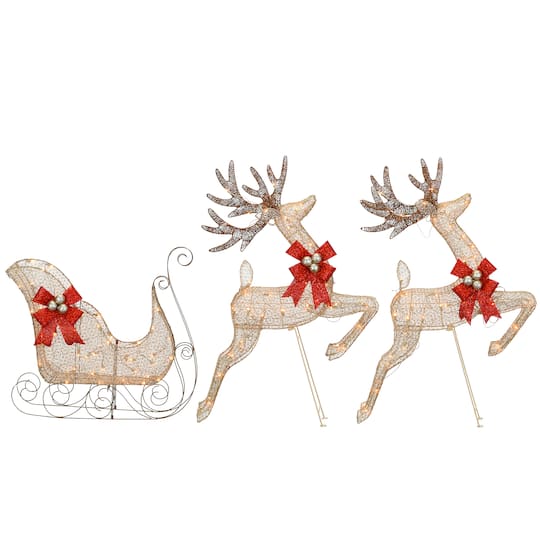 Champagne Reindeer and Sleigh with Clear Lights Decoration